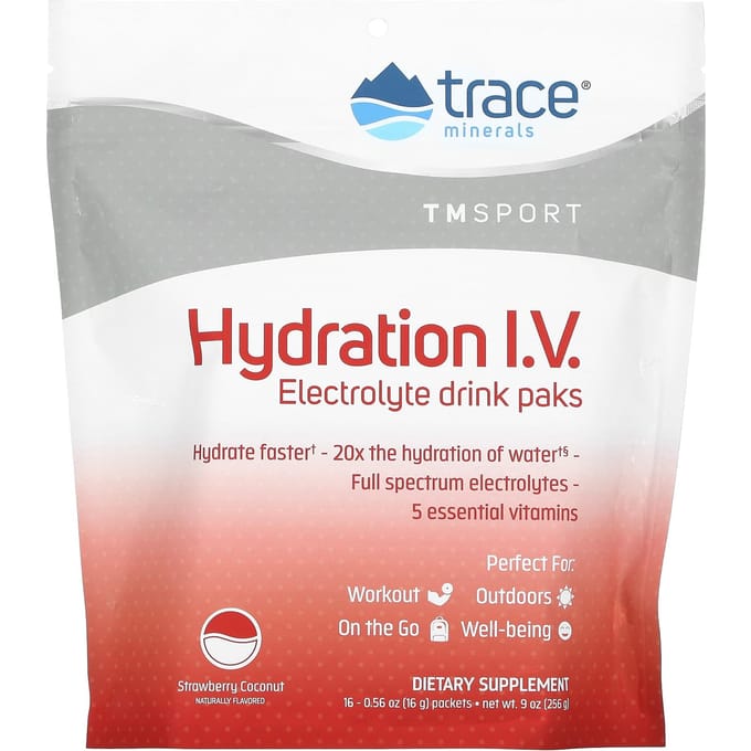 Trace, TM Sport, Hydratation IV, Pack de boisson électrolytique, Fraise Coco, 16 Sachets, 0,56 oz (16 g) Chaque