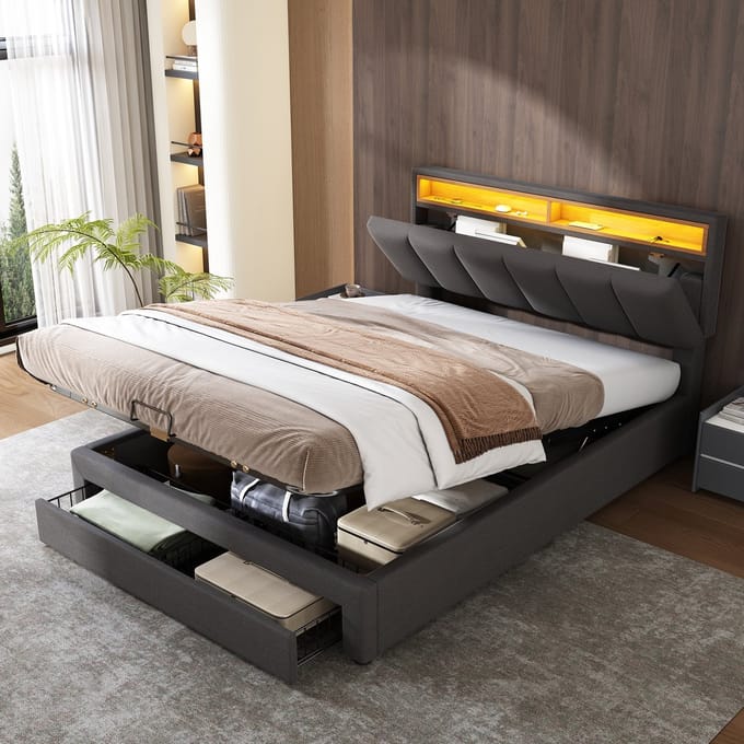 REDOM Ledikant 140x200 cm – MDF/linnen grijs – Met LED-hoofdbord & opbergruimte – Modern