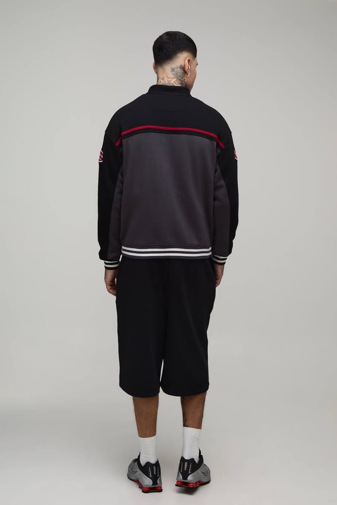 Tall Boxy Fit Biker Collared Colour Block Moto Jersey Jacket | Black | Size Medium