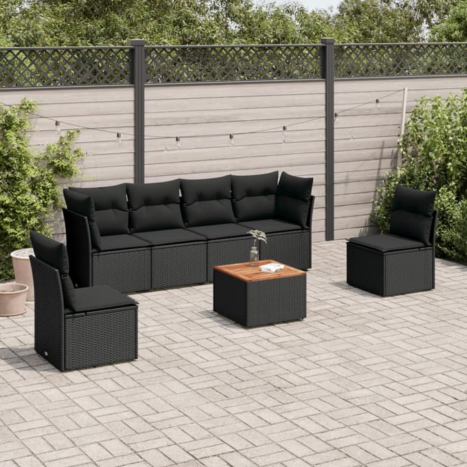 vidaXL - 7-delige - Loungeset - met - kussens - poly - rattan - zwart