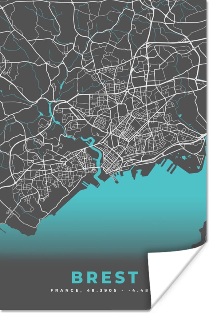 Poster Kaart - Stadskaart - Brest - Frankrijk - Plattegrond - 40x60 cm
