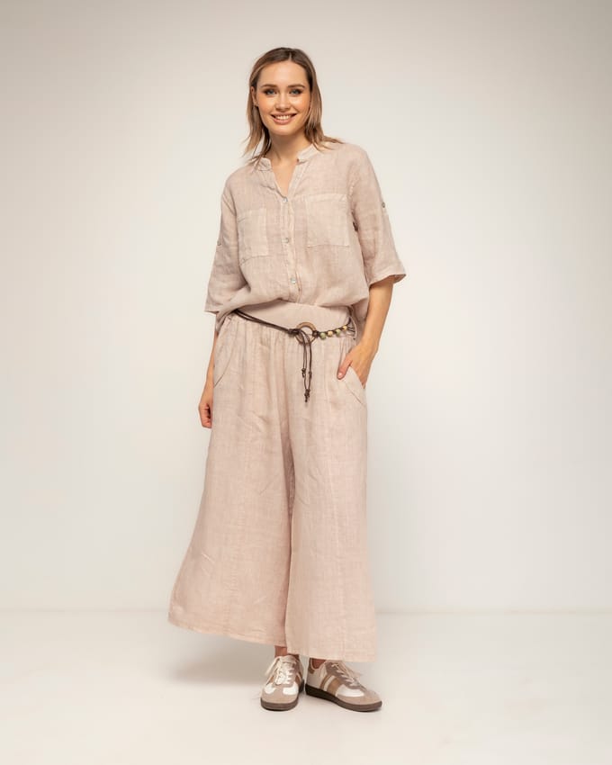 Wijde linnen pantalon met elastische taille en zakken
