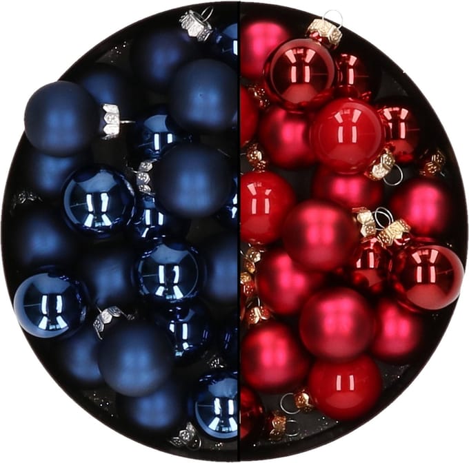 Mini kerstballen - 48x st - donkerblauw en rood - 2,5 cm - glas - kerstversiering