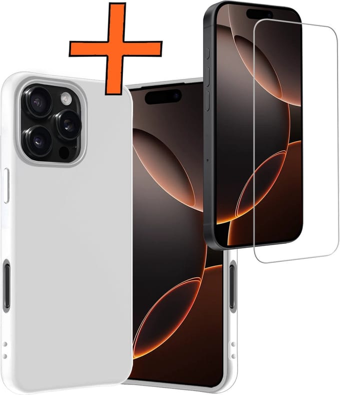 Hoes - Met Screenprotector - Geschikt voor Apple iPhone 16 Pro Max - Sterk & Shockproof - Back Cover - Siliconen Case - Telefoon Hoes - Wit