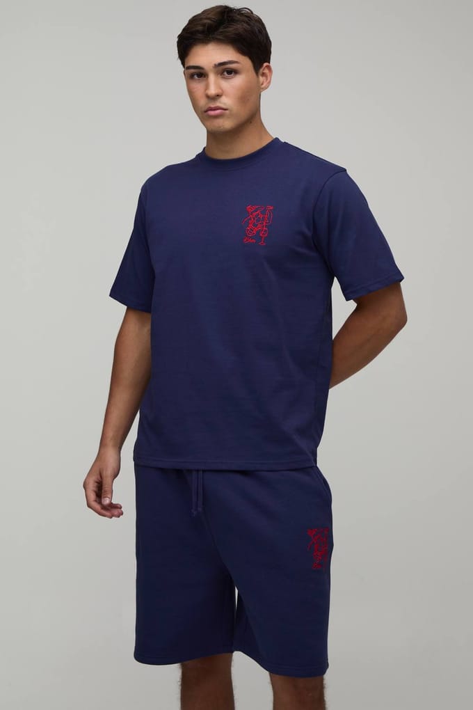 Regular Fit T-shirt Met Geborduurd Kreeftmotief & Regular Fit Short Set | Navy | Size Medium