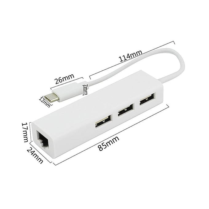 USB 2.0 Type C 3 Poort HUB Fast Ethernet Adapter RJ45 100Mbps Netwerkkaart Uitbreiding Converter voor Macbook white