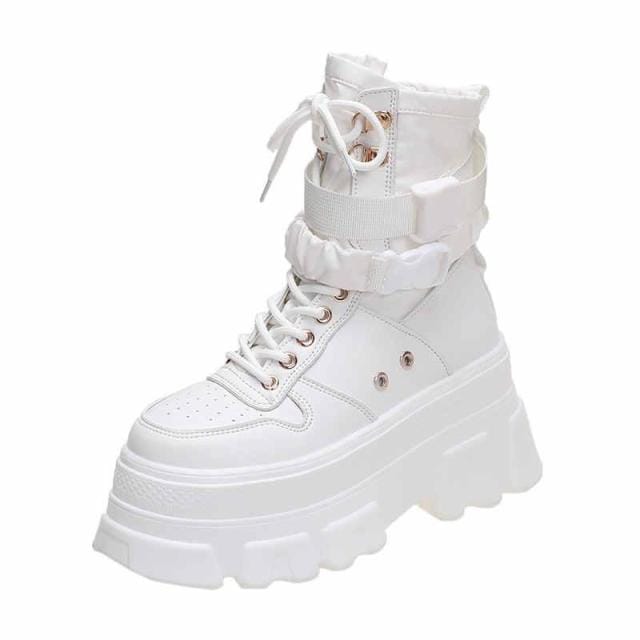 Bottes à semelles épaisses pour femmes, chaussures décoratives à lacets à talons compensés, à la mode 35 blanc