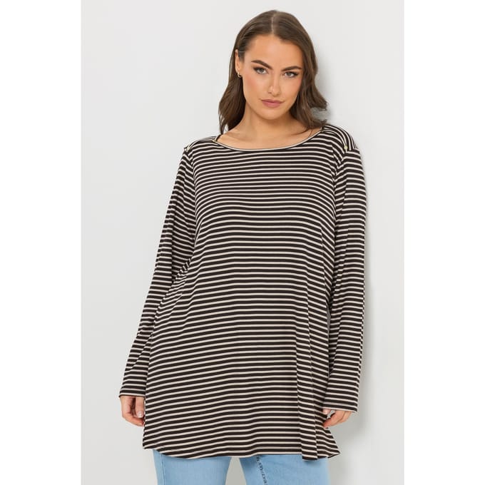 Yours Zwarte Gestreepte Geribbelde Top Met Studs Size 44
