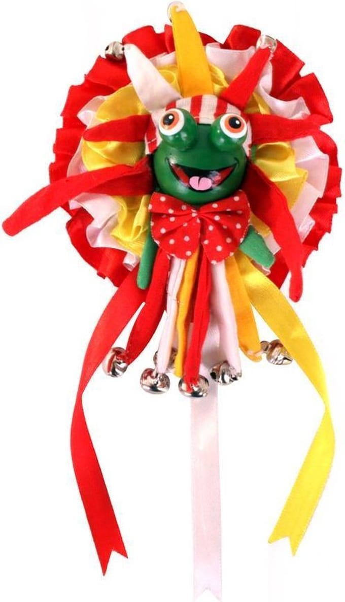 Broche kikkerkop op rozet rood/wit/geel