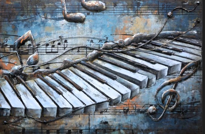 Schilderij - Metaalschilderij - Piano Toetsen, 80x120cm, 3D schilderij