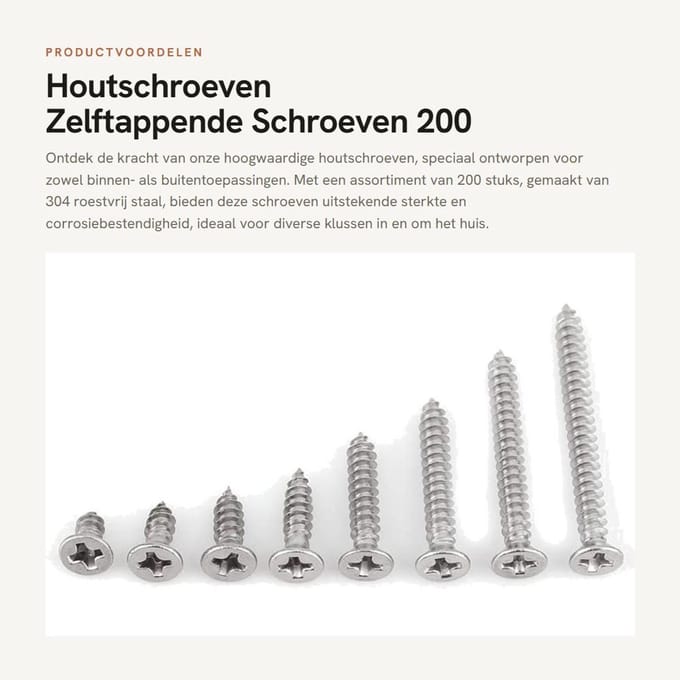 Schroevenset met houtschroeven - Zelftappende schroeven - Assortiment set - 200 stuks - RVS - Phillips - Geschikt voor houtbewerking - Plat hoofd.
