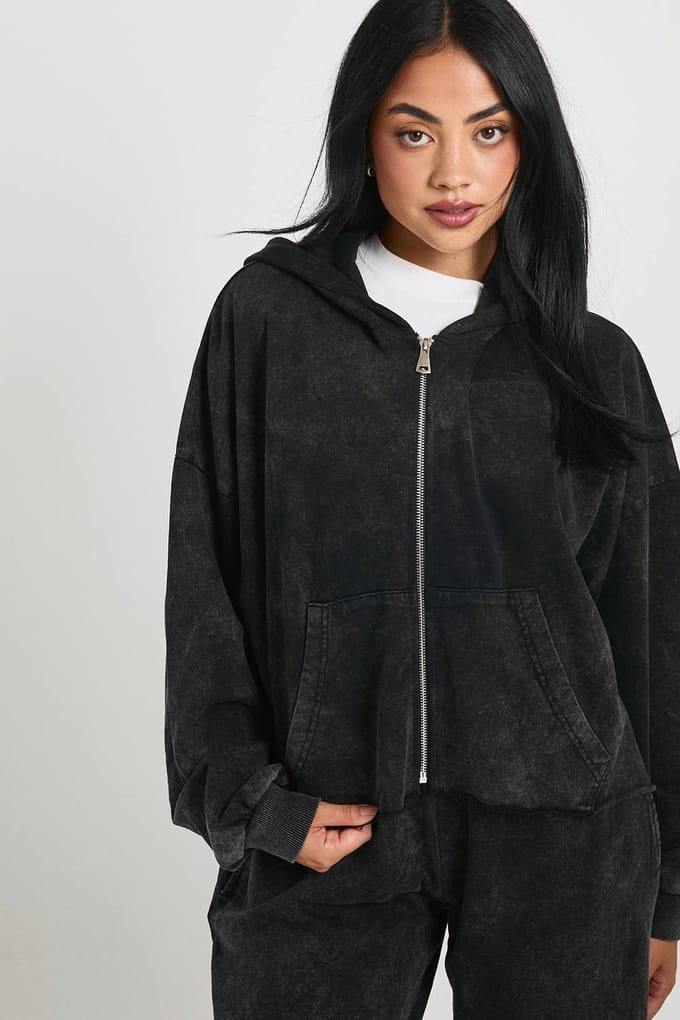 boohoo Dames Gewassen Versleten Zoom Rechte Pijp Trainingspak | Zwart | Maat: Medium