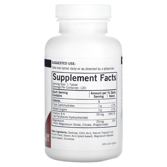 Kirkman Labs, Kauwbare Vitamine B-6 met Magnesium, Natuurlijke Tropische Vruchtenpunch Smaak, 120 Tabletten