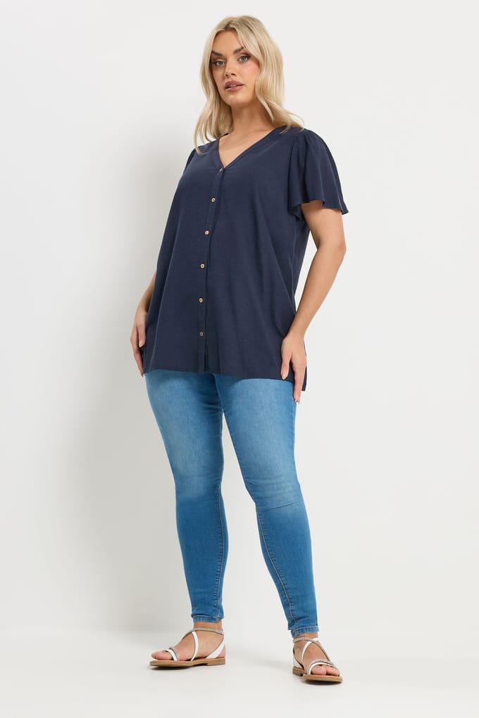 Yours Marineblauwe Linnen Blouse Met Knoopsluiting Size 42