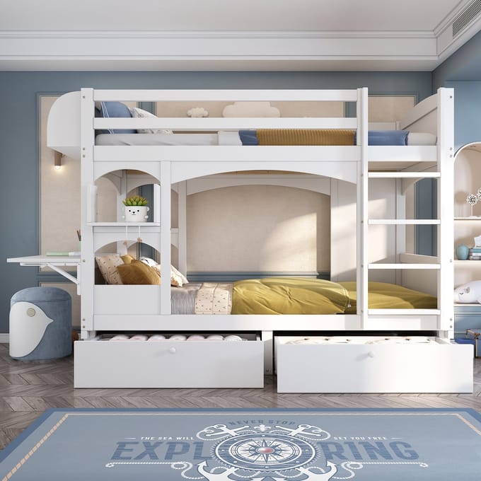 MODFU Stapelbed Kinderen – 90x200 cm – Met inklapbaar bureau, 2 laden & rek – Massief hout – Wit