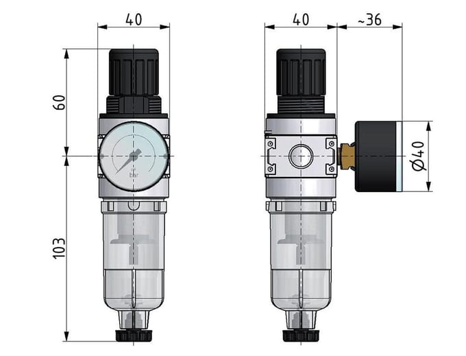 Filter-Regelaar G1/4'' 1450l/min 0,5-10,0bar/7-145psi 40 mm Manometer Multifix 0