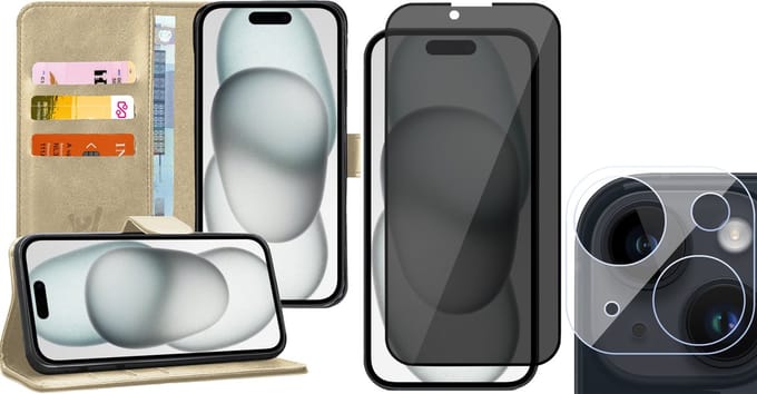 Hoesje geschikt voor iPhone 15 - Privacy Screenprotector FullGuard & Camera Lens Screen Protector - Book Case Kunstleer Pasjeshouder Goud