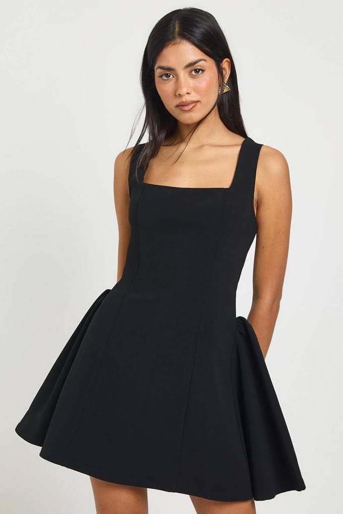 boohoo Dames Vierkante Hals Wijde Rok Mini Jurk | Black | Maat: 6