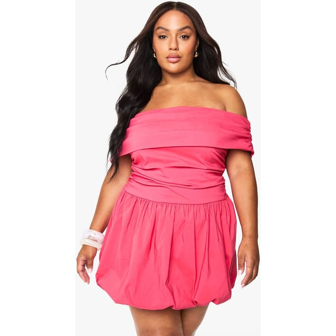boohoo Dames Plus Bengaline Geraffelde Puffball Mini-jurk | Hot Pink | Maat: 26