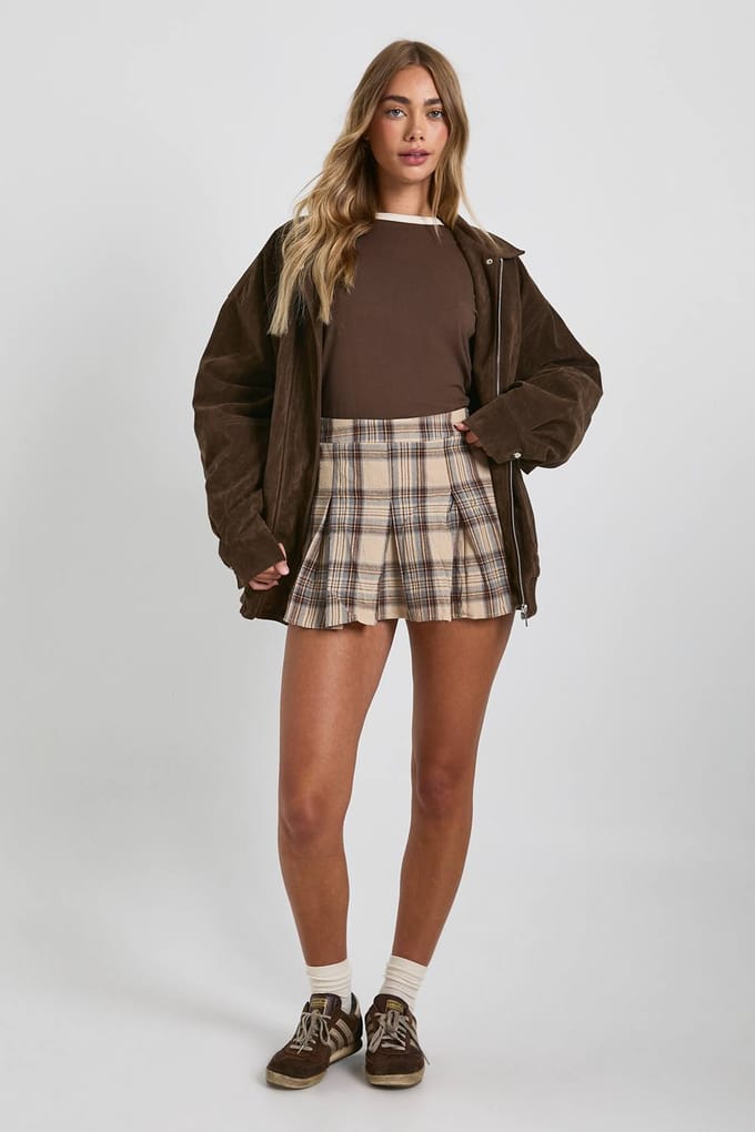 boohoo Dames Boxpleat-ruiten mini-rok | Beige | Maat: 42