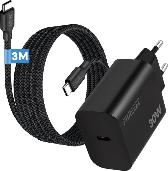Phreeze usb C adapter 30w - Usb c naar usb c kabel 3 meter - Snellader voor telefoon en tablet