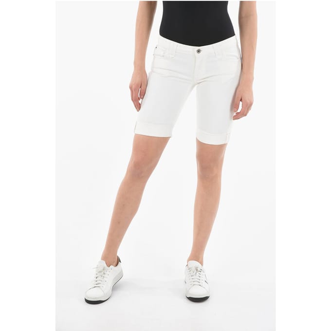 5-pocket denim stretch short met logoknoop in wit