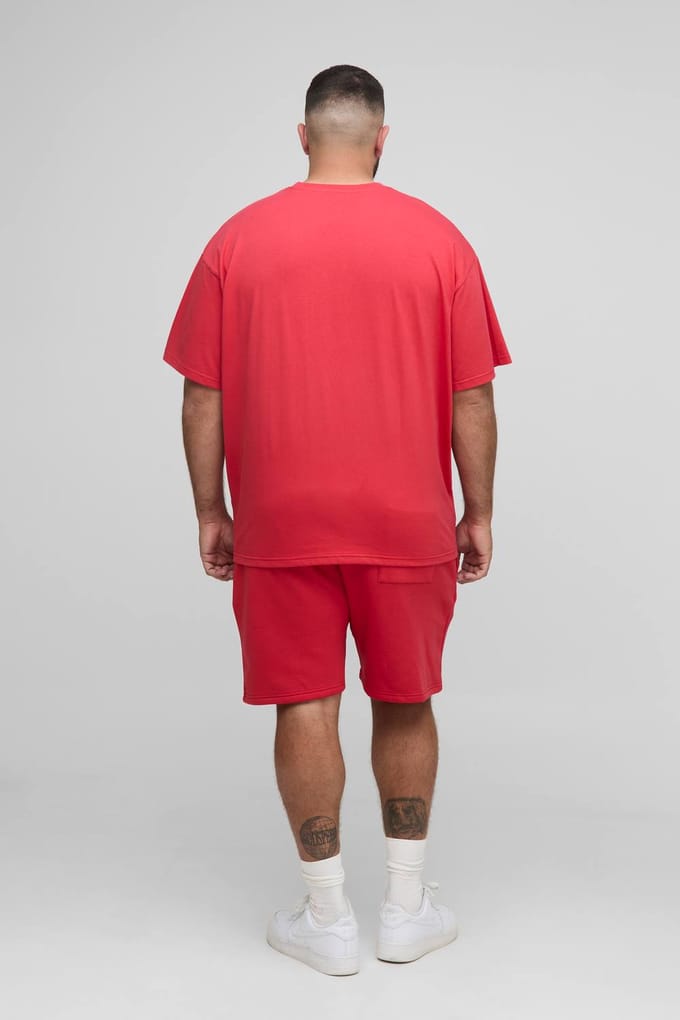 Plus Men's Star Puff Print Oversized T-Shirt & Relaxed Jersey Short Set | Red | Size 2XL