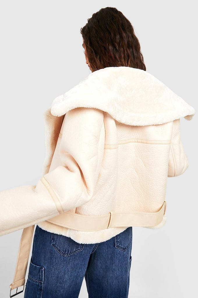 boohoo Dames Gebonden namaak bont PU Aviator | Creme | Maat: 40