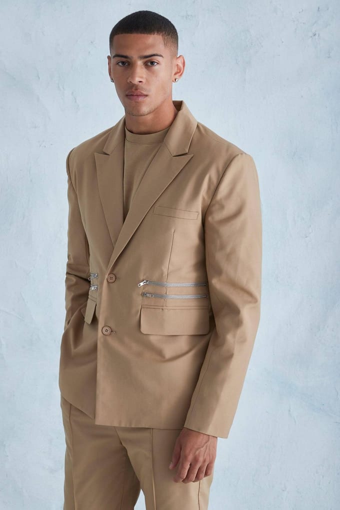Oversized Boxy Zip Suit Jacket | Camel | Size 48