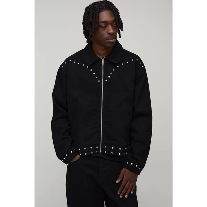 Studded Western Oversized Boxy Denim Jacket | True Black | Size Small