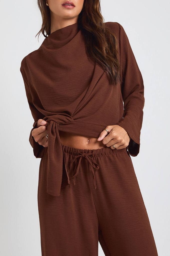 boohoo Dames Lang Geweven Draperende Lange Mouw Blouse & Broek Co-ord | Chocolate | Maat: 12
