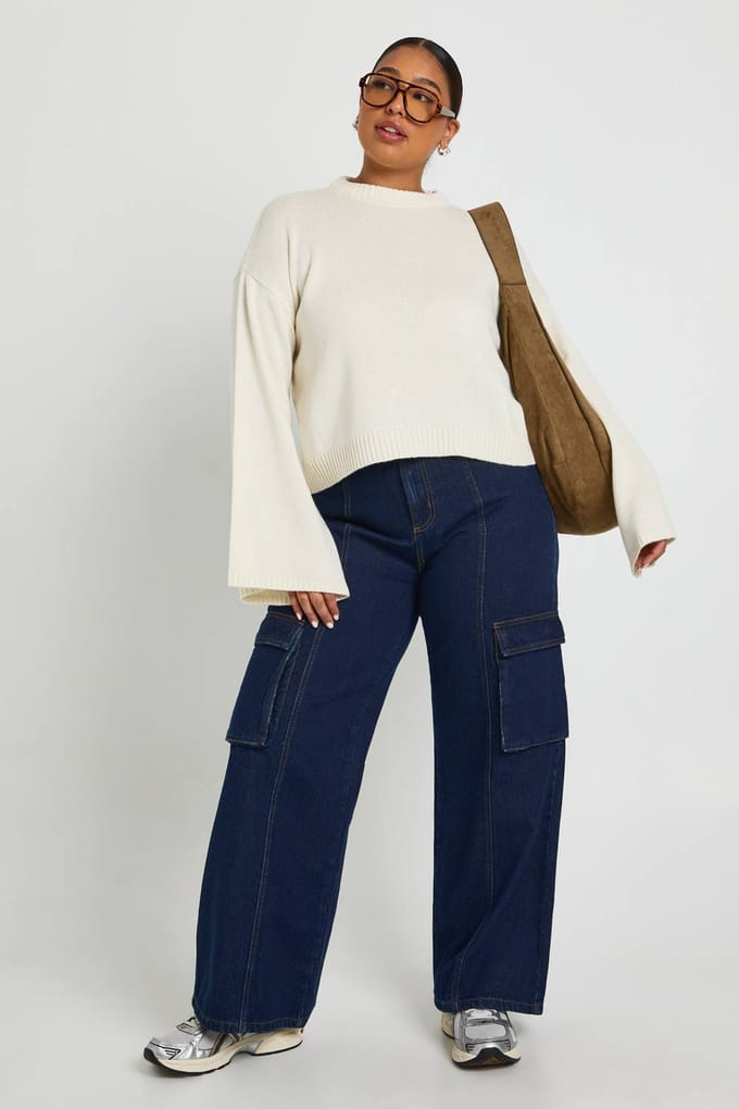 boohoo Dames PLUS RONDEKAARSGEBREIDE TRUI | Creme | Maat: 44