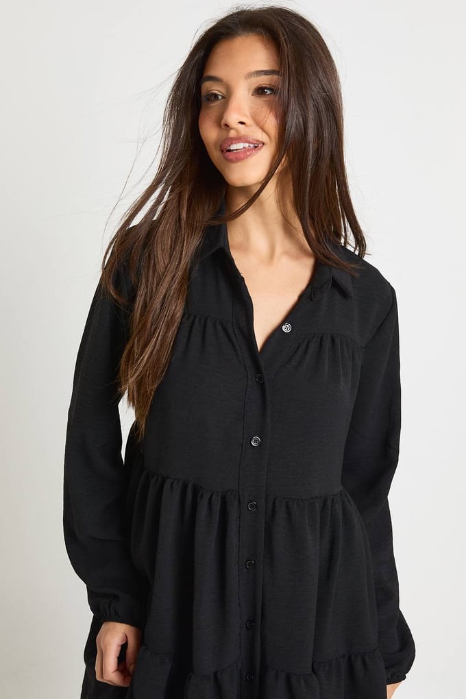 boohoo Dames Getextureerde gelaagde smock jurk | Black | Maat: 6