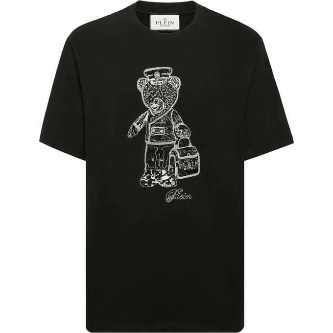 Black White Round Neck T-Shirt Teddy Bear
