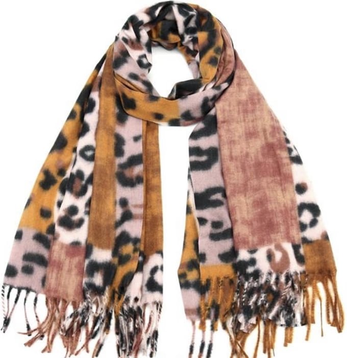 Lange warme dames wintersjaal Simone panterprint okergeel zwart beige bruin