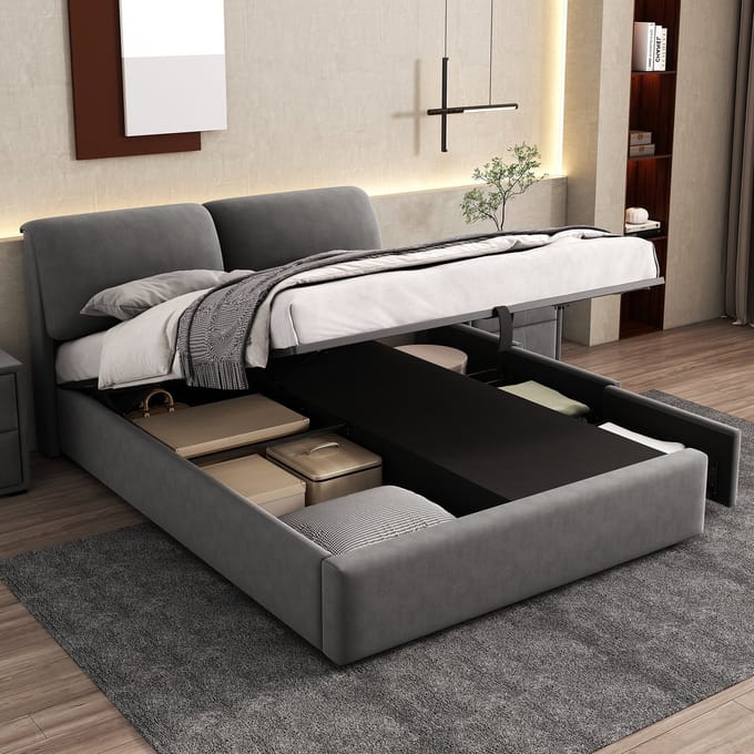 Sweiko Gestoffeerd bed, 140*200 cm, hydraulisch bed met drie laden, lattenbodem met hoofdeinde, zonder matras, fluweel, grijs