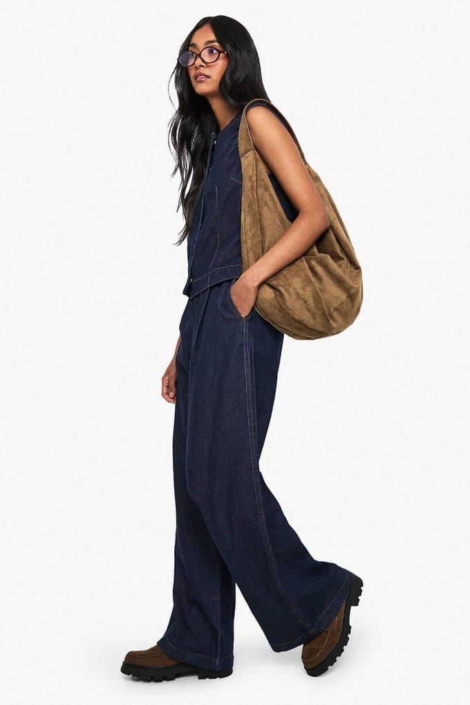 boohoo Dames Denim Wide Leg Pleated Jeans | Indigo | Maat: 14