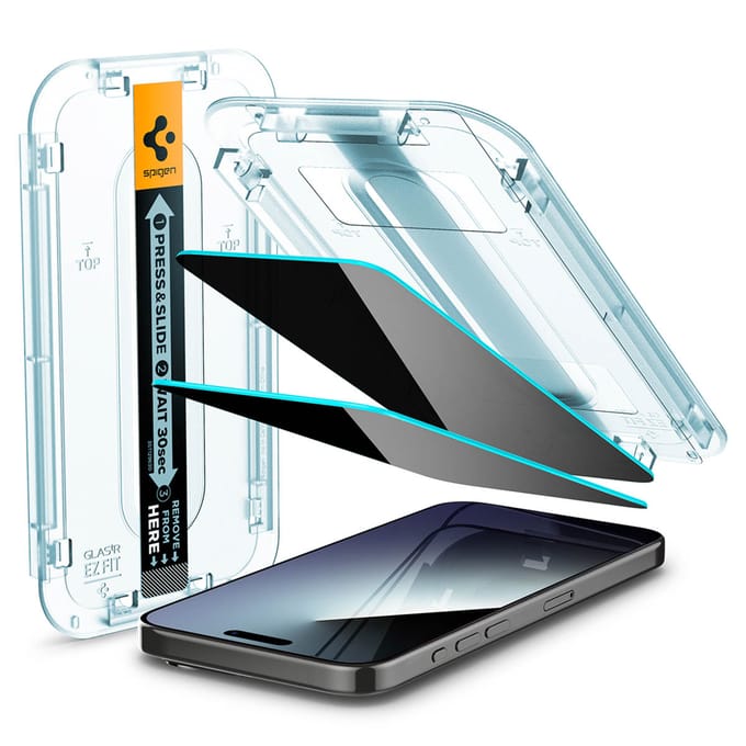 Spigen EZ Fit Glas.tR - Screen Protector Geschikt voor Apple iPhone 15 Pro - Privacy Glass - Case Friendly - Gemakkelijke Installatie - 2-Pack
