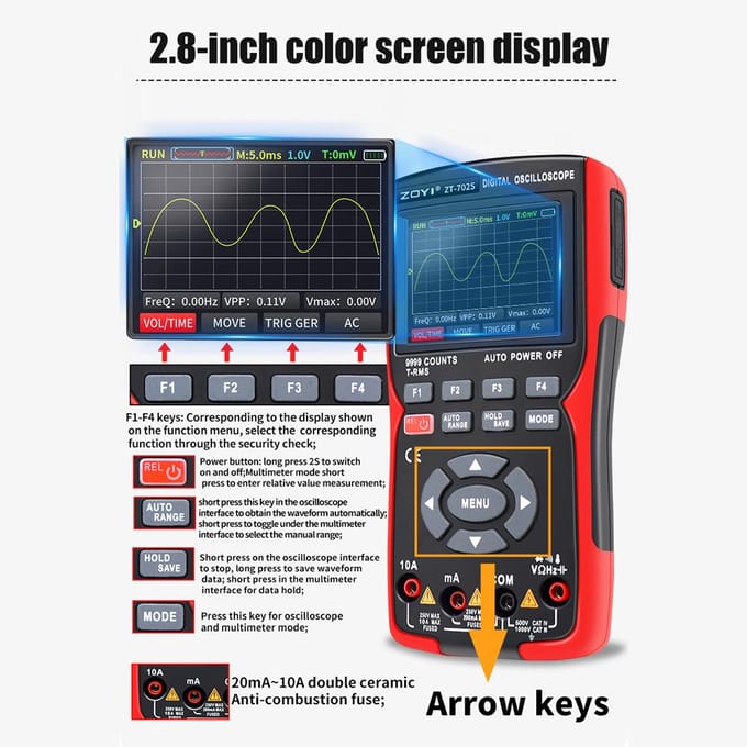 2in1 Digitale Oscilloscoop Multimeter 48MSa/s Bemonsteringssnelheid 10Mhz Bandbreedte 9999 Counts True RMS veelkleurig