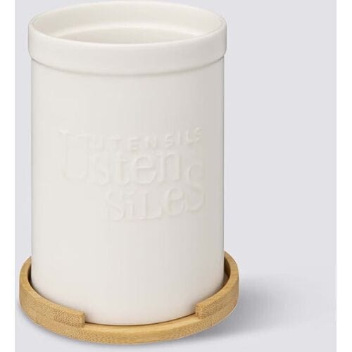 5five Natureo Keramische Bestekpot met Bamboe Stand - 12,8 x 18 cm, Wit