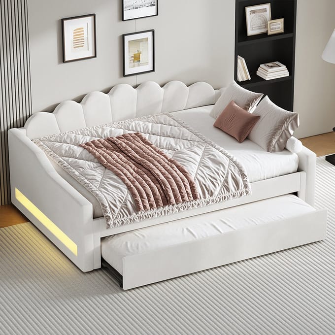 Komhtom Gestoffeerd rustbed 140 x 200 cm met ledstrip en uitschuifbaar bed, beige