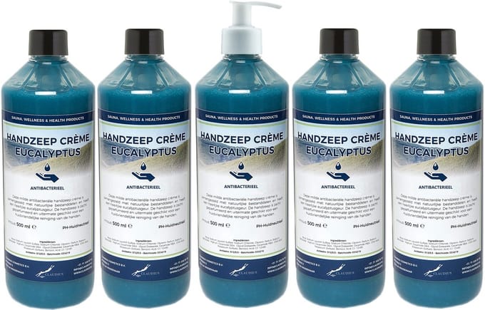 Handzeep Crème Eucalyptus 500 ml - set van 5 stuks - met gratis pomp - Voordeelverpakking