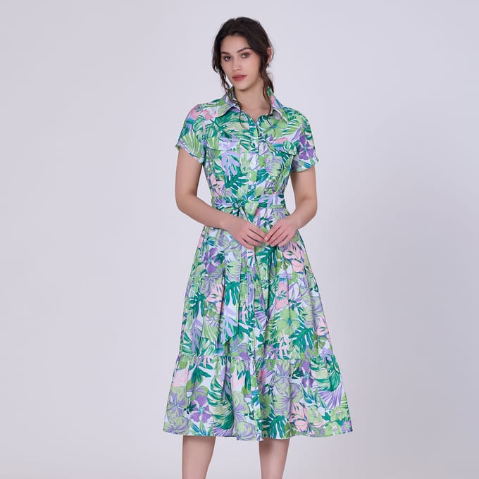 Tropische print MIDI -shirtjurk