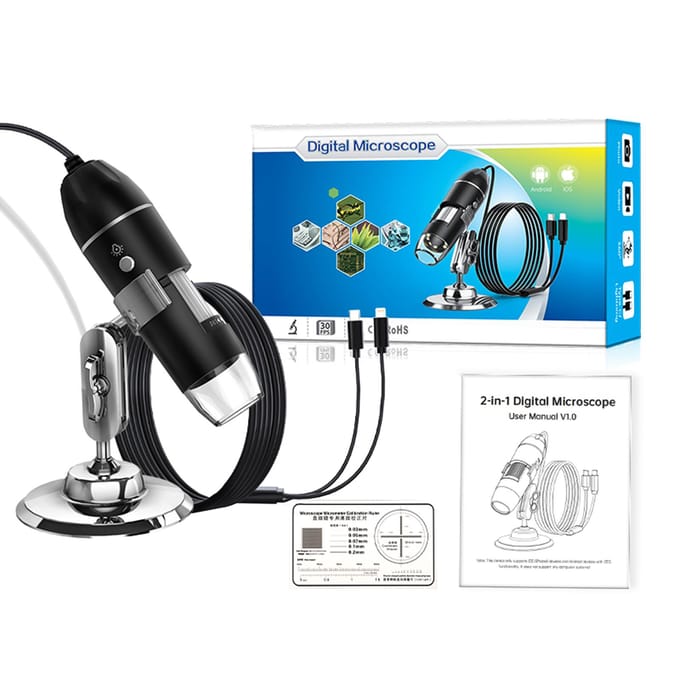 USB Digitale Microscoop Handheld Inspectiecamera 50X-1600X Vergroting met Verstelbare Standaard LED zwart