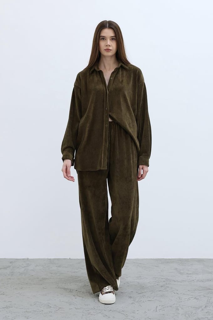 Dames Katoen Velvet Set Reyyan / Khaki / maat S