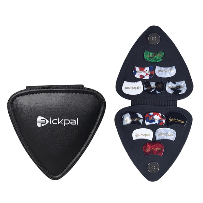 PICKPAL plectrumhouder voor akoestische elektrische gitaar, inclusief 12 stuks plectrums leer zwart