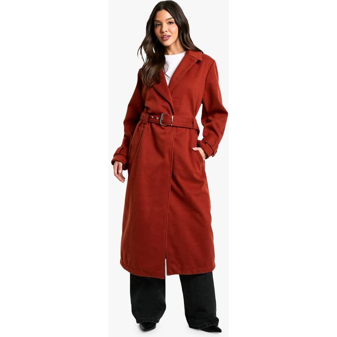 boohoo Dames Maxi Jas met Ceintuur in Wolachtige Look | Rust | Maat: 8
