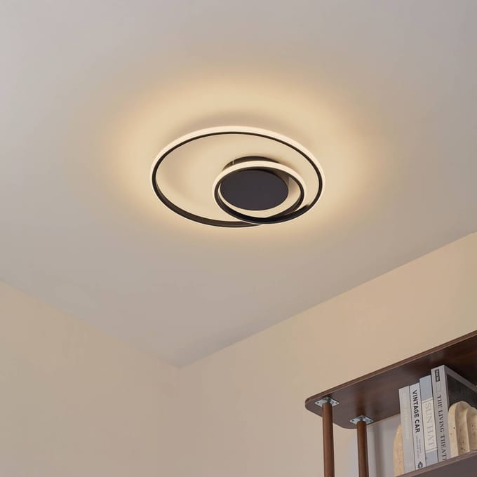 Lindby LED plafondlamp Kyron, zwart, aluminium, dimbaar, Ø45cm