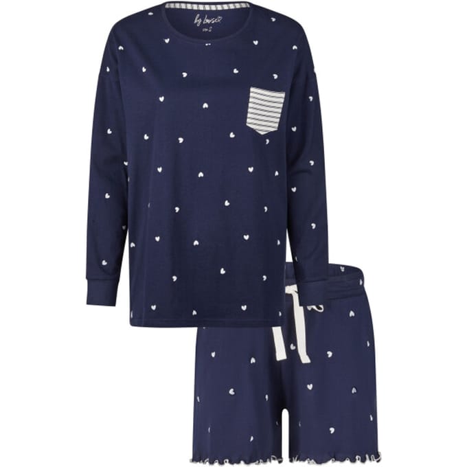By Louise Dames Pyjama Lounge Set Blauw Hartjes - Maat L