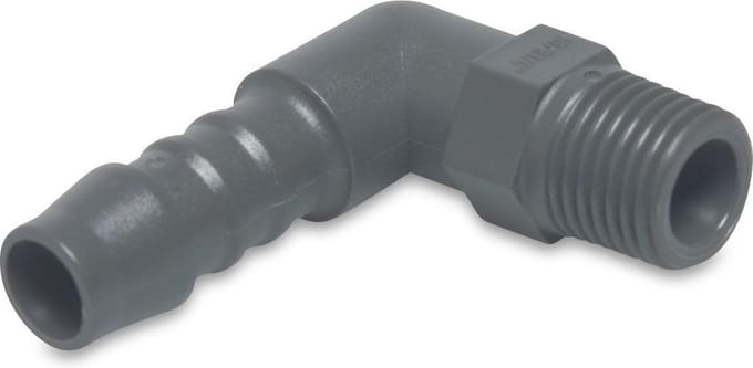 Knie 90° nylon 1/4" x 10 mm buitendraad x slangtule 16bar grijs
